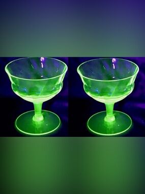 Tiffin Uranium Glass Champagne Coupe Pair Green UV Glow Vintage 1920s